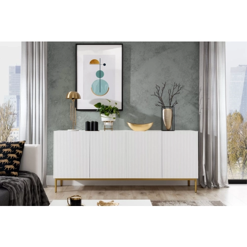 Komoda Nicole 200 cm na metalowych nogach - biały mat / złote nóżki